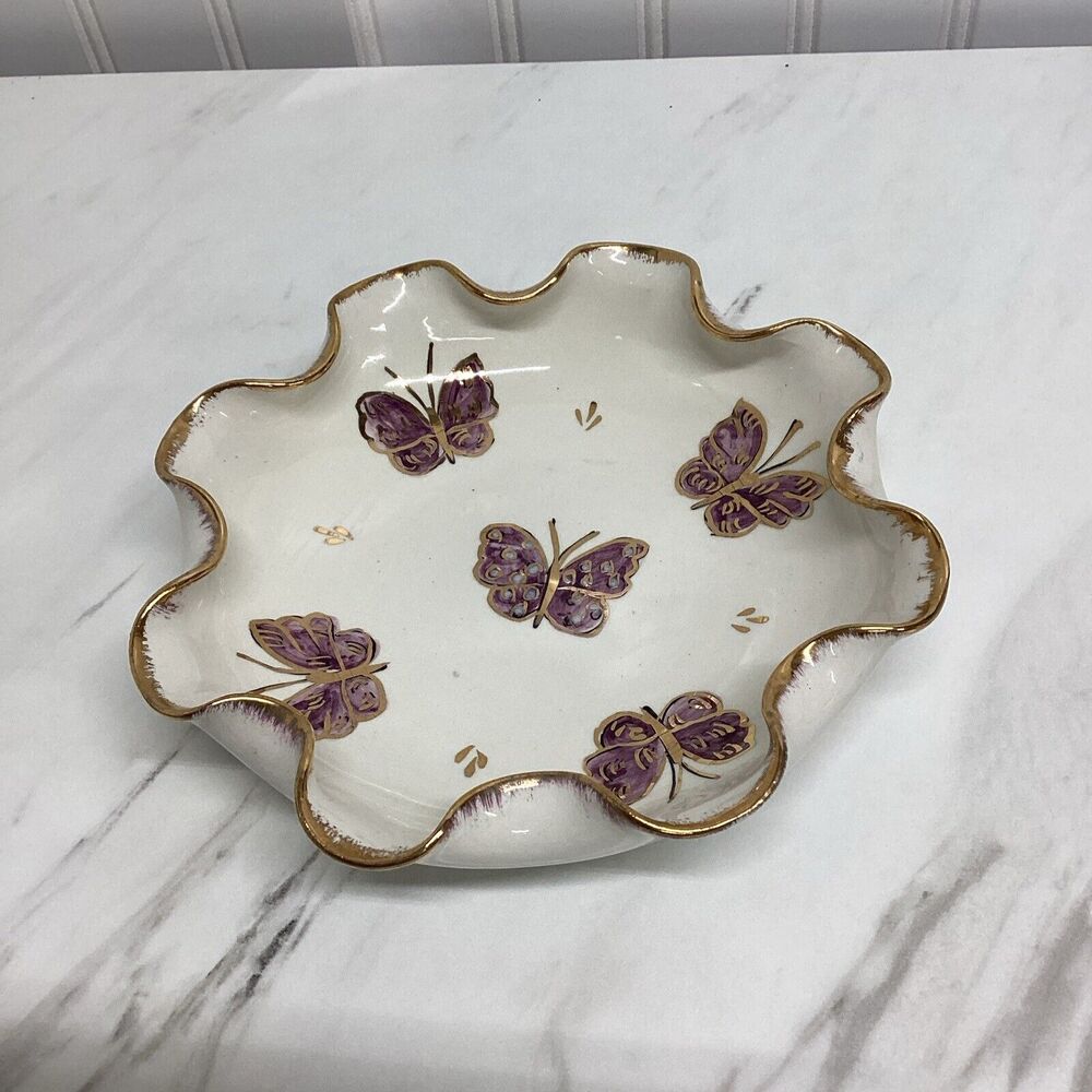 Vintage Italy Ashtray Trinket Dish NSP Signed Hand Painted Floral Ceramic *A